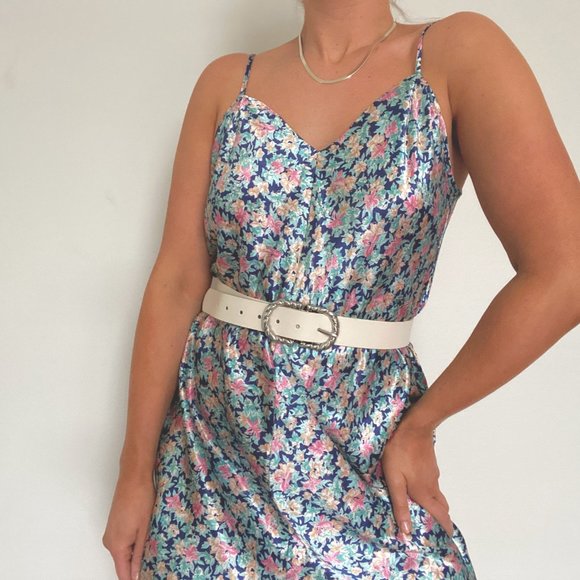 Vintage Floral Satin Slip Dress Navy, Pink, Green - Picture 3 of 7